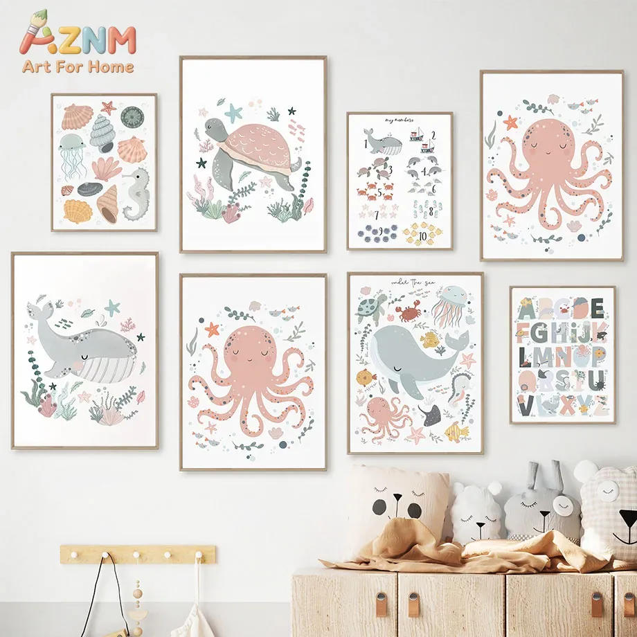 AZNM Nursery Sea Animal Canvas - Kids Educational - Alphabet Numbers & More recension och pris